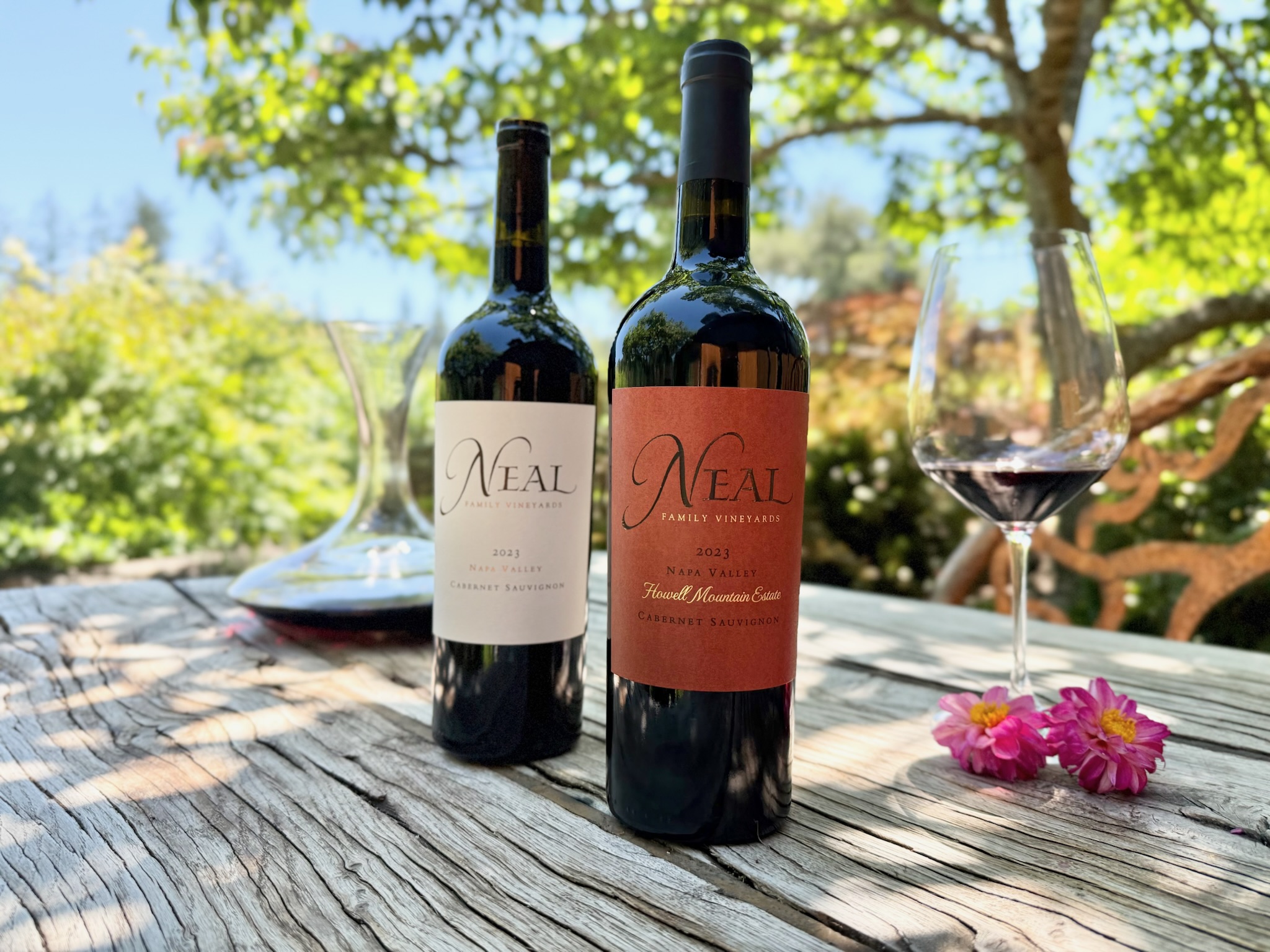 Neal Family Vineyards 2023 Napa Valley and Howell Mountain Estate Cabernet Sauvignon with a decanter
